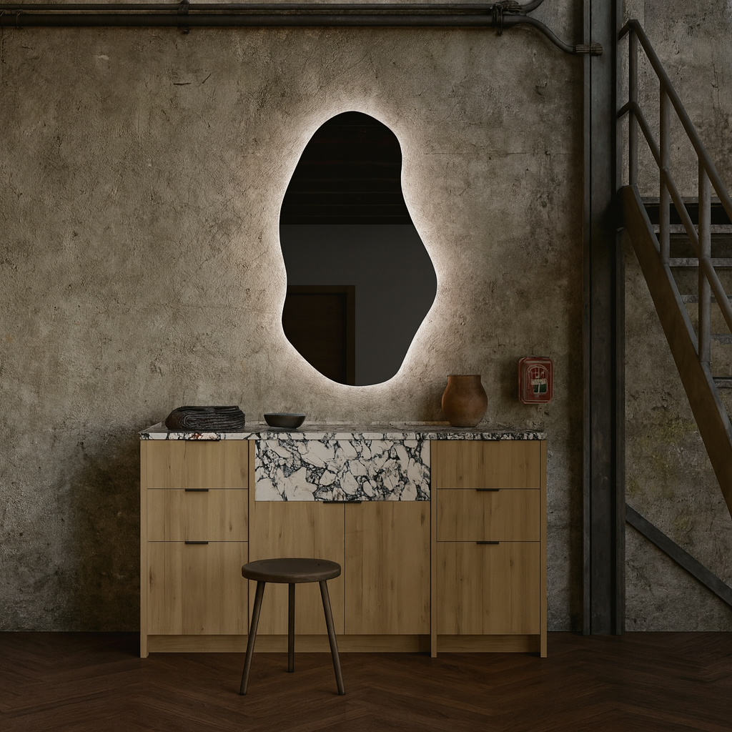Asimetrik LED Banyo Aynası – Modern Dekoratif Işıklı Ayna, Organik Tasarım Arkadan Aydınlatmalı Ayna