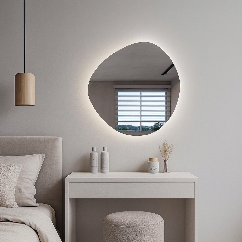 Organik Form LED Banyo Aynası – Modern Aydınlatmalı Dekoratif Ayna, Arkadan Işıklı Tasarım