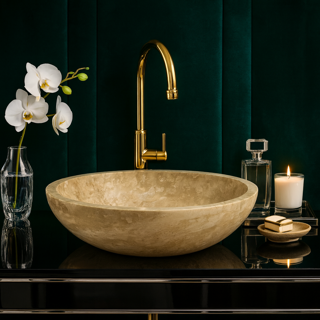 Light Travertine Mermer Lavabo – Doğal Traverten Taş Banyo Lavabosu | 40,5 × 40,5 × 10 cm