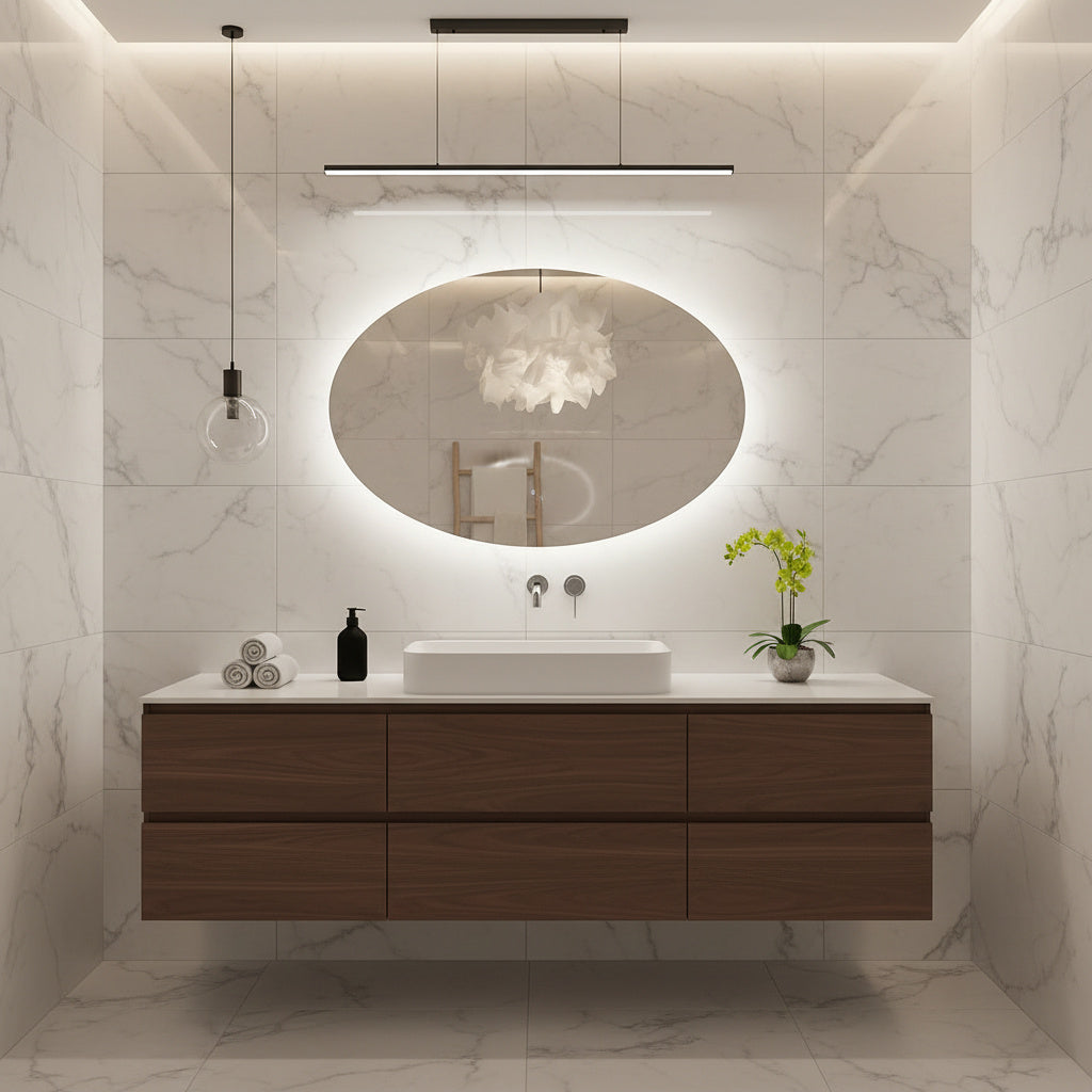 Modern Oval LED Ayna – Işıklı Dekoratif Banyo Aynası | Şık Duvar Aksesuarı