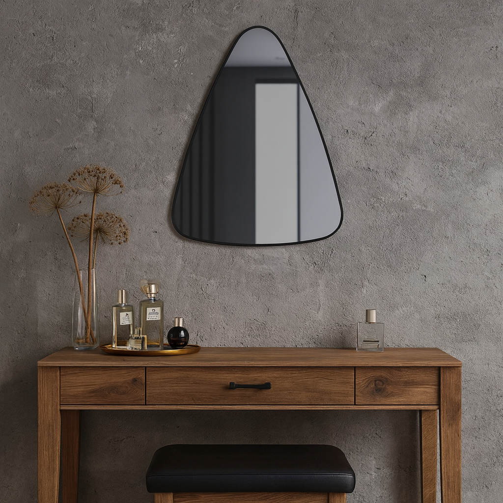 Modern Asimetrik Duvar Aynası – Siyah Çerçeveli Dekoratif Banyo ve Salon Aynası