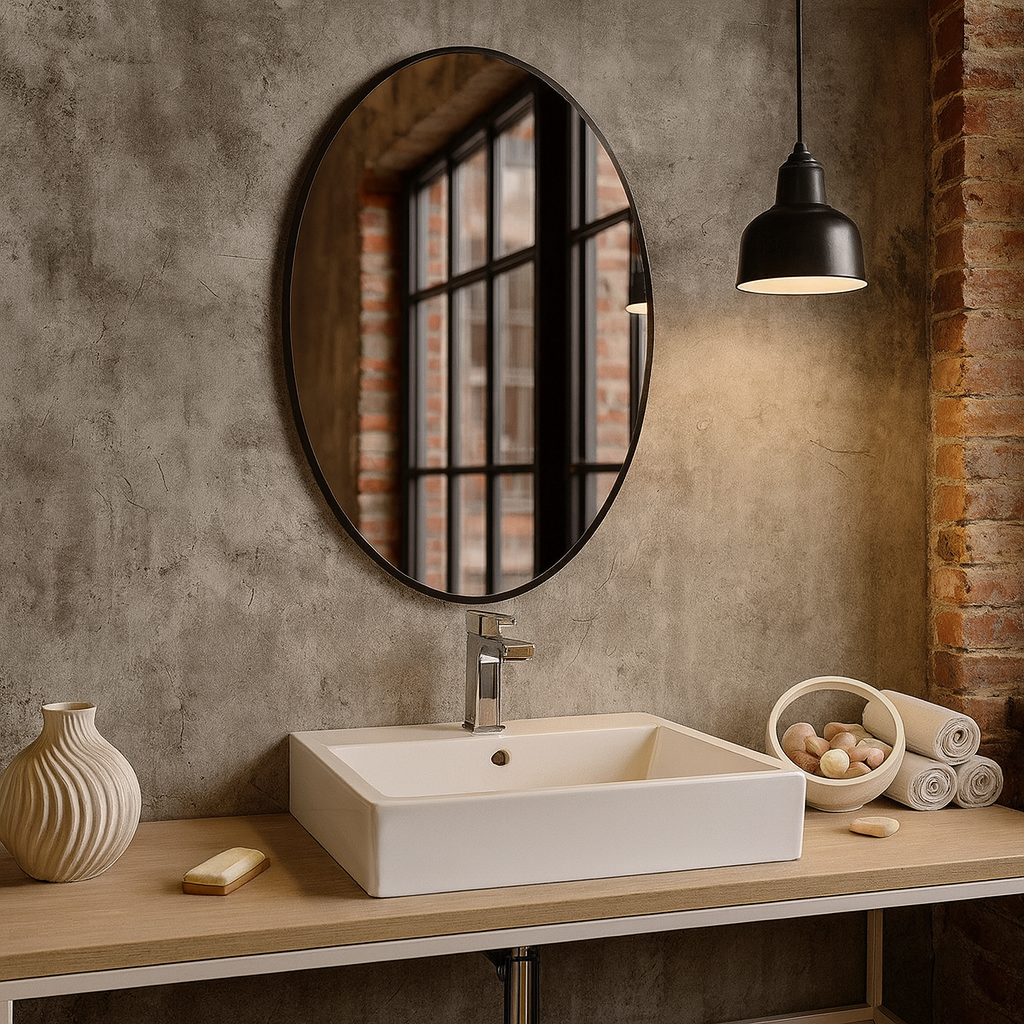 Modern Oval Banyo Aynası – Siyah Çerçeveli Dekoratif Duvar Aynası