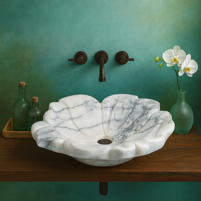 White Marble Lavabo – Doğal Panda White Mermer Tezgâh Üstü Banyo Lavabosu (L 57 × W 50 × H 14 cm)