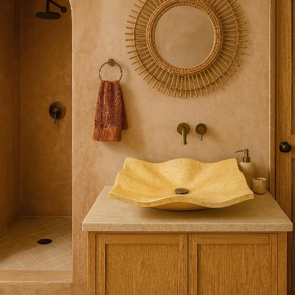 Limra Mermeri Doğaltaş Lavabo – El Oyması Dalga Formlu Mermer Banyo Lavabosu (60×45×13 cm)