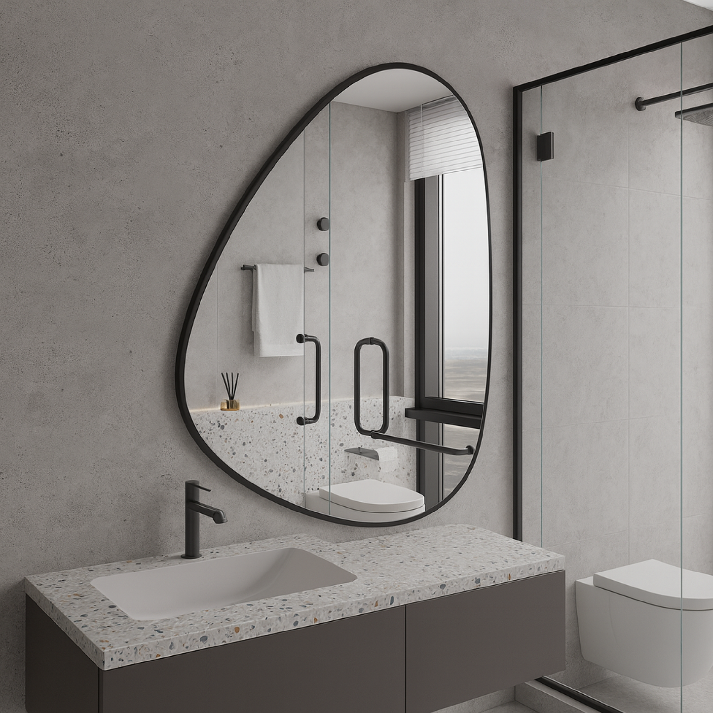 Modern Organik Şekilli Çerçeveli Düzensiz Banyo Aynası – Dekoratif Asimetrik Duvar Aynası