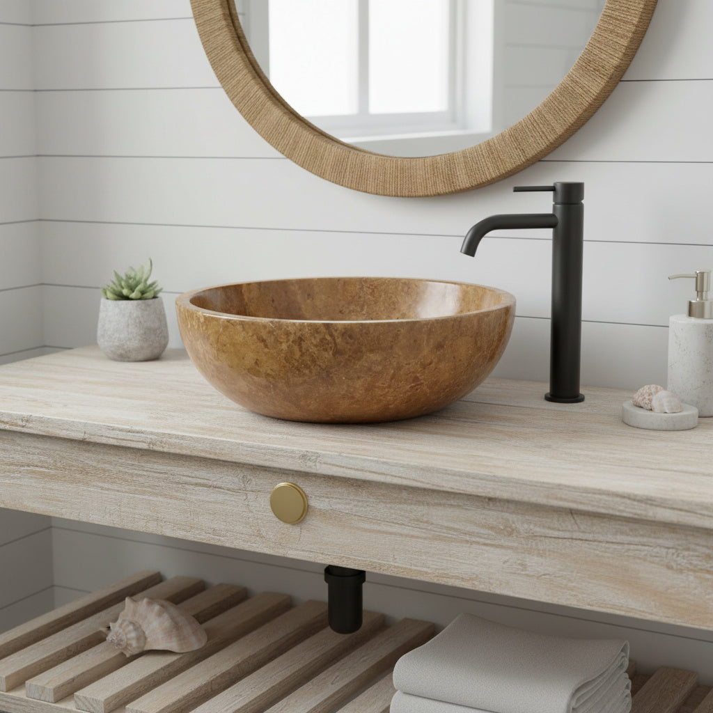 Noce Brown Traverten Doğal Taş Lavabo – El Yapımı Rustic Yuvarlak Mermer Banyo Lavabosu