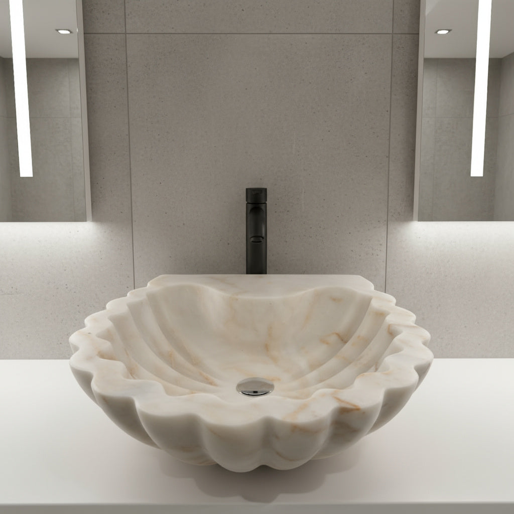 Carrara Mermer Kabuk Formu Banyo Lavabo – El Oyma Doğal Mermer Şelale Lavabo