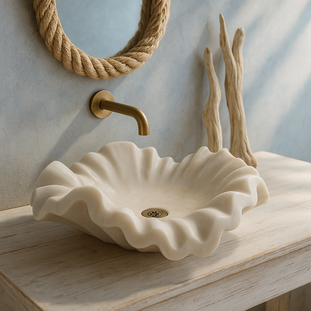 White Onyx Marble Lavabo – Doğal White Onyx Mermer Tezgâh Üstü Banyo Lavabosu (L 60 × W 40 × H 15 cm)