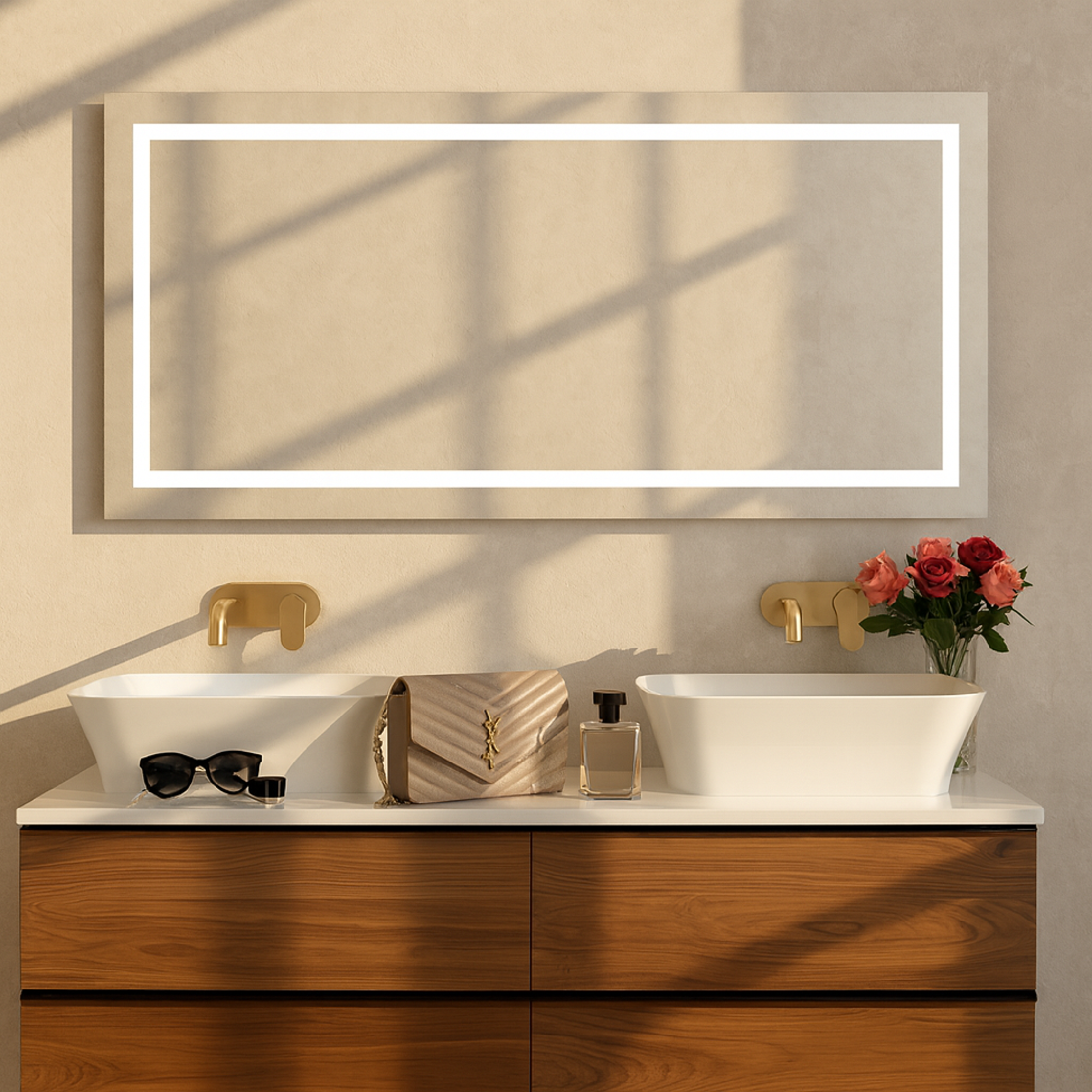 Büyük LED Işıklı Dikdörtgen Banyo Aynası – Modern Çerçevesiz Tasarım, Touch ve Duvar Anahtarlı