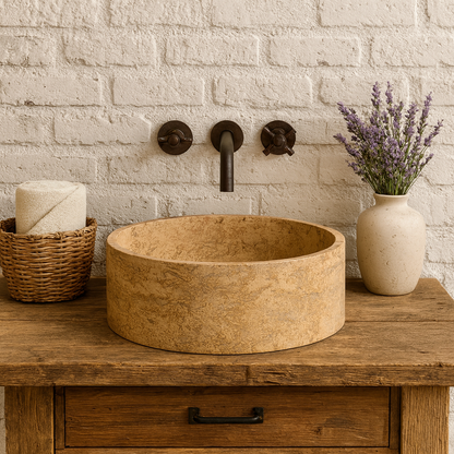 Traverten Marble Lavabo – Doğal Traverten Taş Tezgâh Üstü Banyo Lavabosu (L 43 × W 43 × H 15 cm)