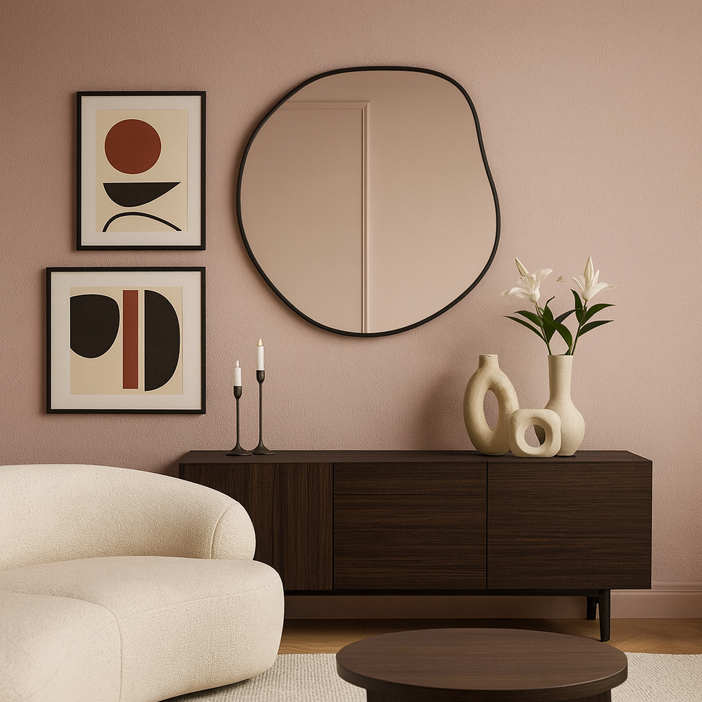 Modern Asimetrik Duvar Aynası – Organik Form Yuvarlak Banyo Aynası Çerçeveli | Dekoratif Minimal Ayna
