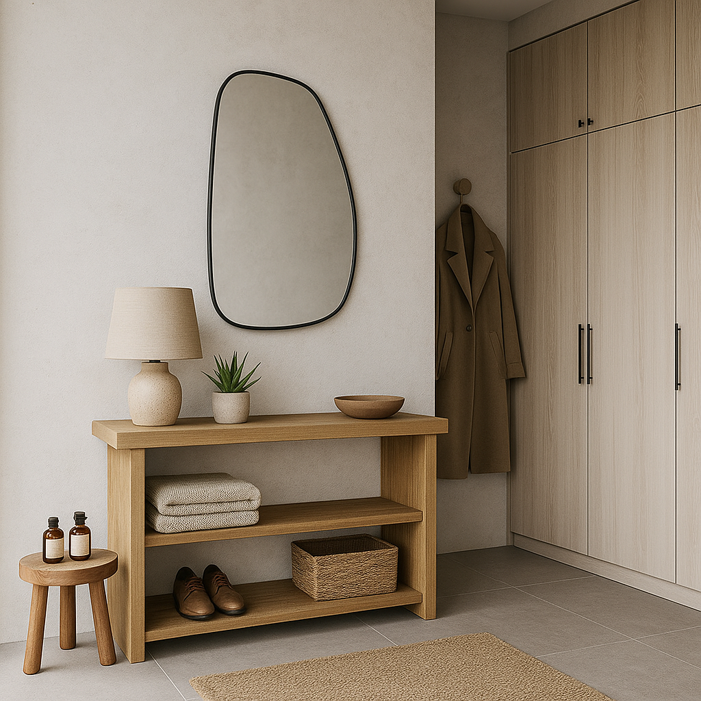Modern Organik Form Banyo Aynası – Çerçeveli Asimetrik Duvar Aynası | Minimalist Şık Dekor Ayna