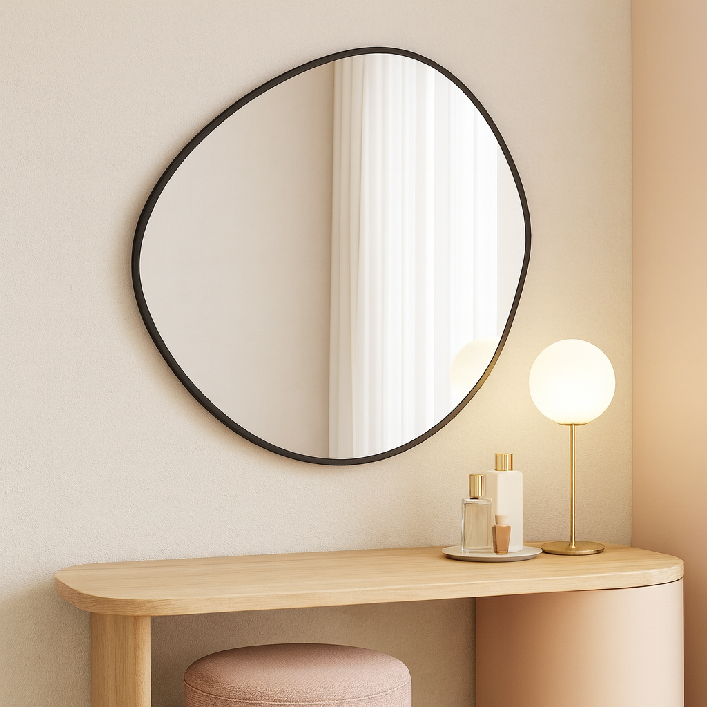 Modern Organik Form Banyo Aynası – Çerçeveli Asimetrik Ayna, Tasarım Duvar Aynası, Mermer Banyo İçin Şık Dekoratif Ayna
