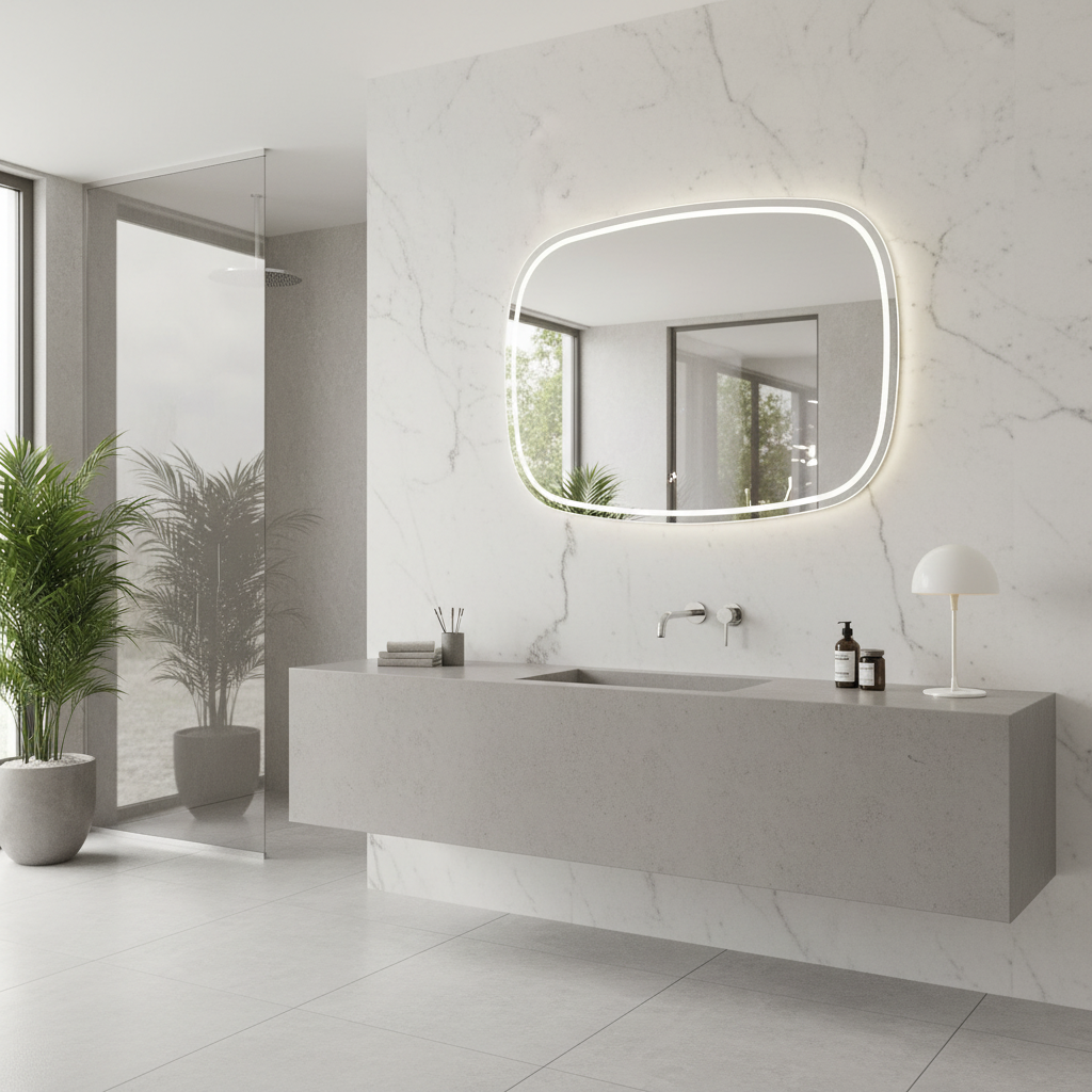 Modern LED Aydınlatmalı Organik Duvar Aynası – Asimetrik Tasarım Banyo ve Salon Dekor Aynası
