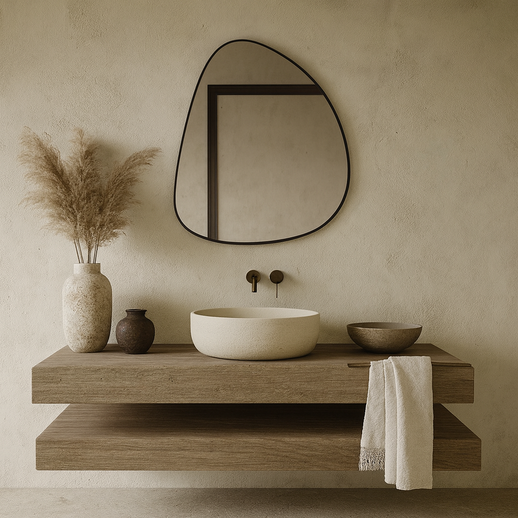 Modern Asimetrik Banyo Aynası – Çerçeveli Organik Form Dekoratif Duvar Aynası