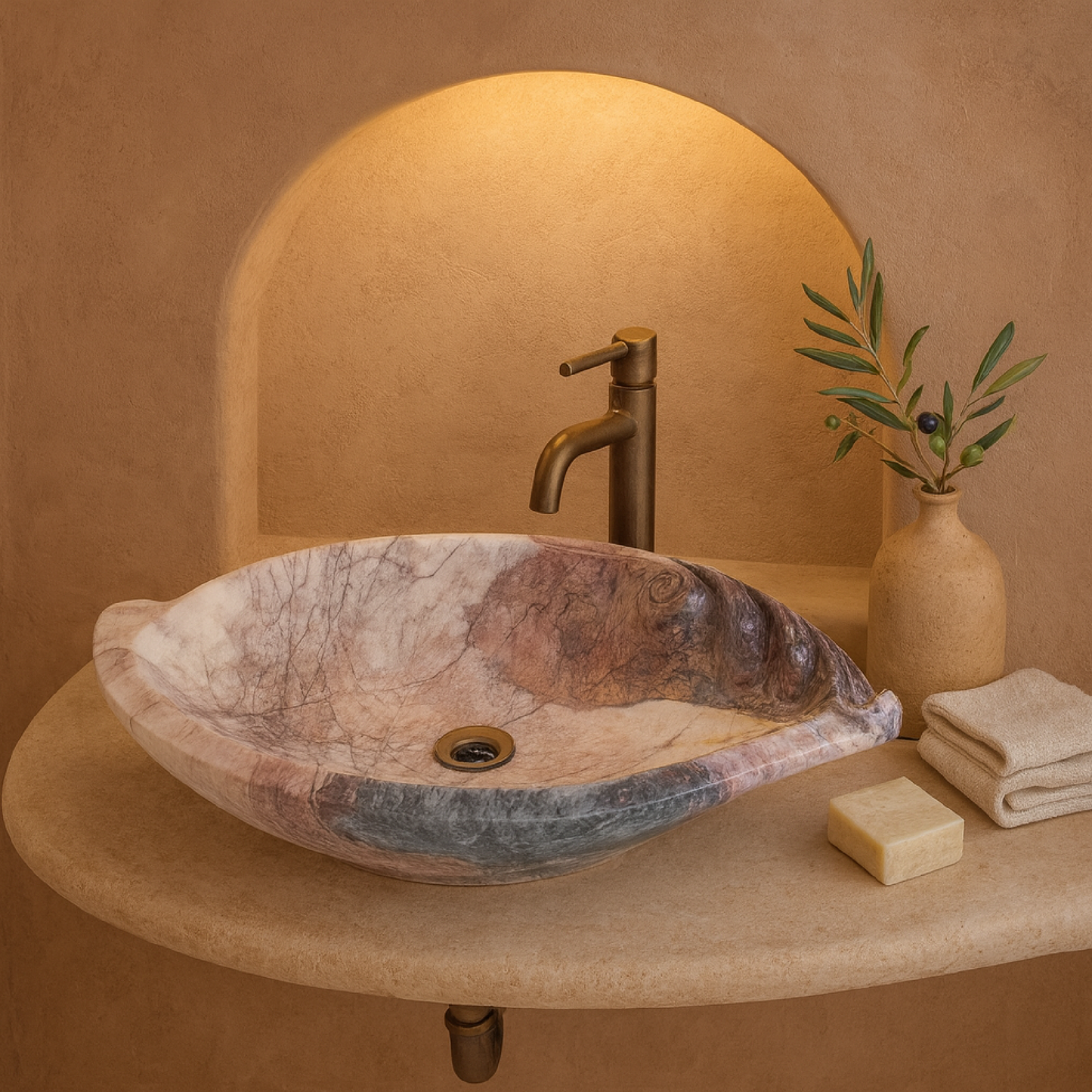 Rosso Levanto Marble Lavabo – Doğal Rosso Levanto Mermer Tezgâh Üstü Banyo Lavabosu (L 65 × W 40 × H 14 cm)