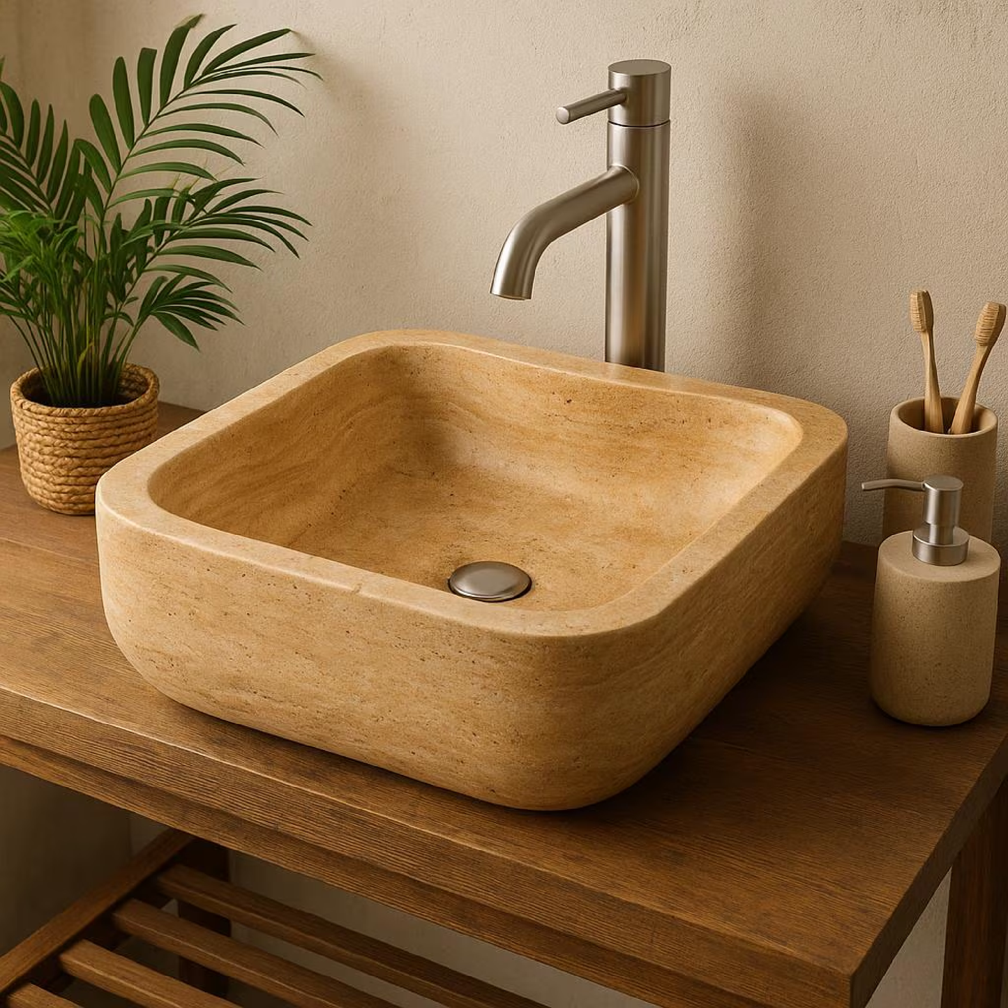 Doğal Traverten Mermer Lavabo – El Oyması Kare Form Banyo Tezgâh Üstü Lavabo (45×45×15 cm)