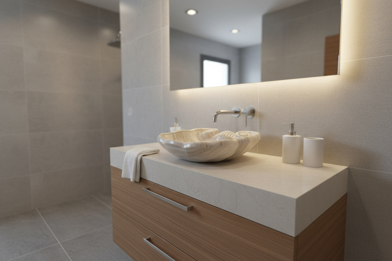 Lüks Doğal Taş Mermer Lavabo – Özel Tasarım Deniz Kabuğu Modeli