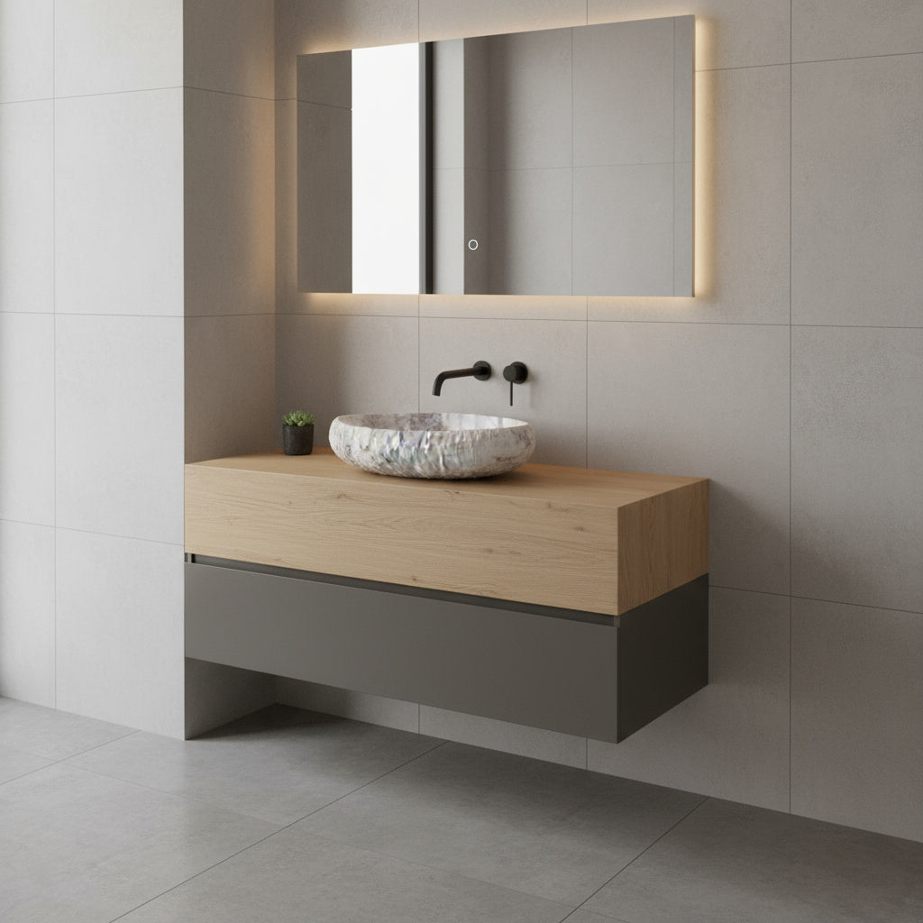 Doğal Mermer Lavabo – Krem & Pembe Damar Desenli Tezgâh Üstü Doğaltaş Banyo Lavabosu (L 55 × W 40 × H 14 cm)