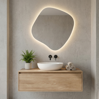 Modern Asimetrik LED Ayna – Organik Şekilli Işıklı Duvar Aynası, Banyo & Makyaj Aynası, Dekoratif LED Aydınlatmalı Ayna