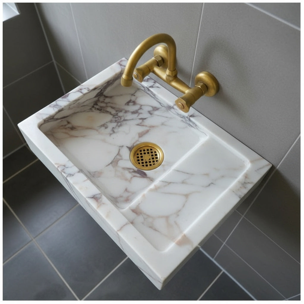Calacatta Viola Mermer Duvara Monte Lavabo – Özel Üretim Lüks Banyo Lavabosu (36×46×13 cm)