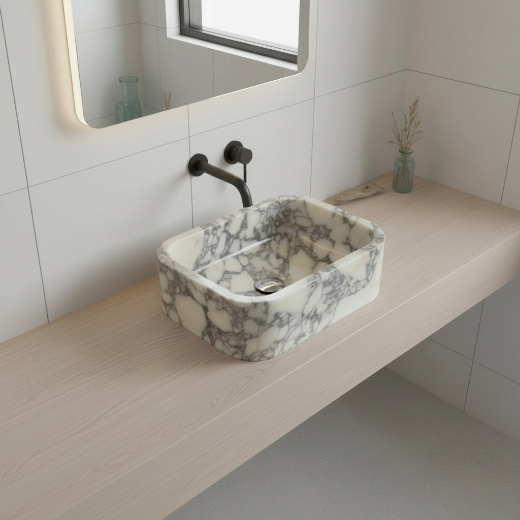 Calacatta Viola Mermer Duvara Monte Dikdörtgen Banyo Lavabosu – 30 × 46 × 15 cm