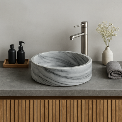 Grey Marmara Mermeri Yuvarlak Lavabo – El İşçiliği Doğal Taş Banyo Lavabosu (42×42×15 cm)