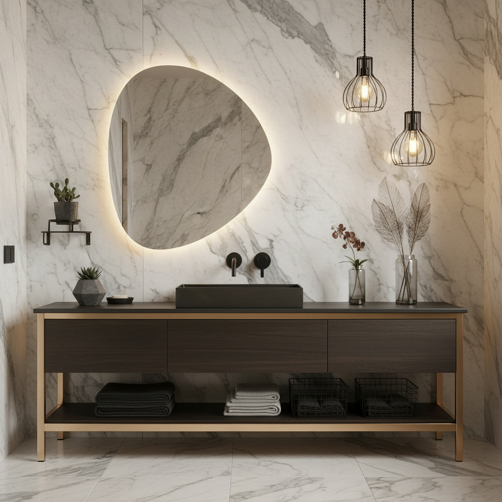 Modern Asimetrik LED Ayna | Organik Şekilli Dekoratif Banyo Aynası | Sıcak Işıklı Tasarım Aydınlatmalı Ayna