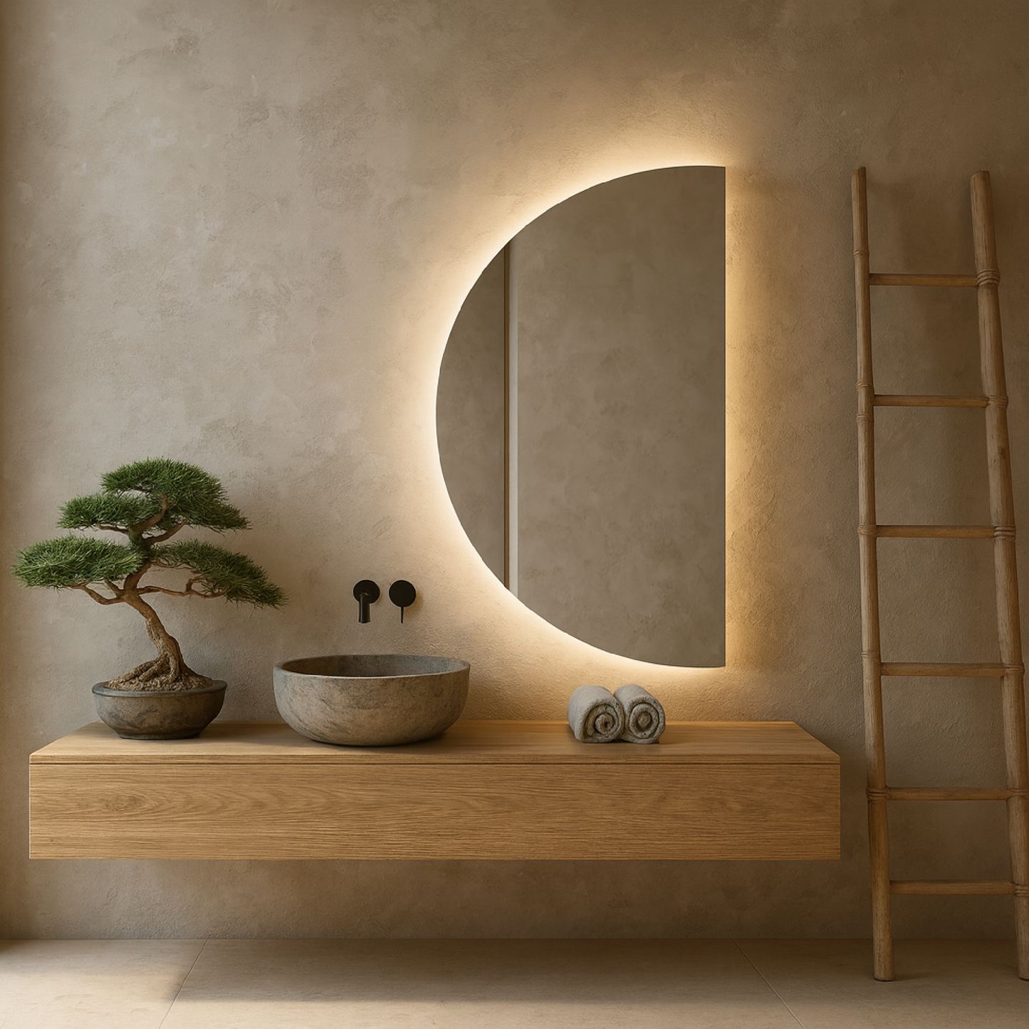 Yarım Ay LED Banyo Aynası – Modern Arkadan Aydınlatmalı Ayna, Dekoratif Minimal Tasarım Aydınlatmalı Ayna