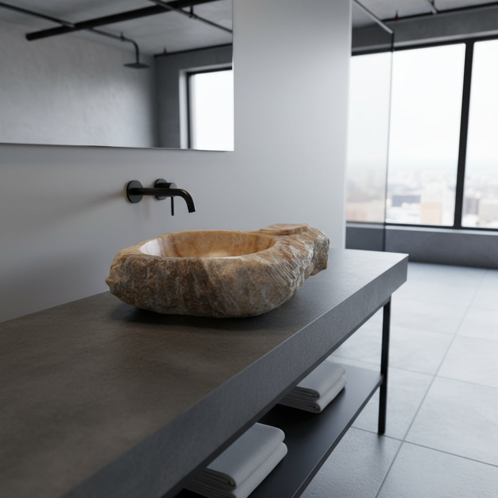 Honey Onyx Marble Lavabo – Doğal Honey Onyx Mermer Tezgâh Üstü Banyo Lavabosu (L 55 × W 45 × H 14 cm)