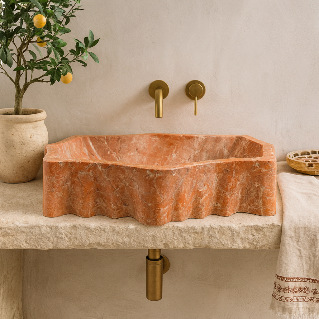 Rosso Verona Turuncu Mermer Lavabo – El Yapımı Doğal Taş Banyo Lavabosu, Lüks Tezgâh Üstü Mermer Lavabo (55×42×14 cm)