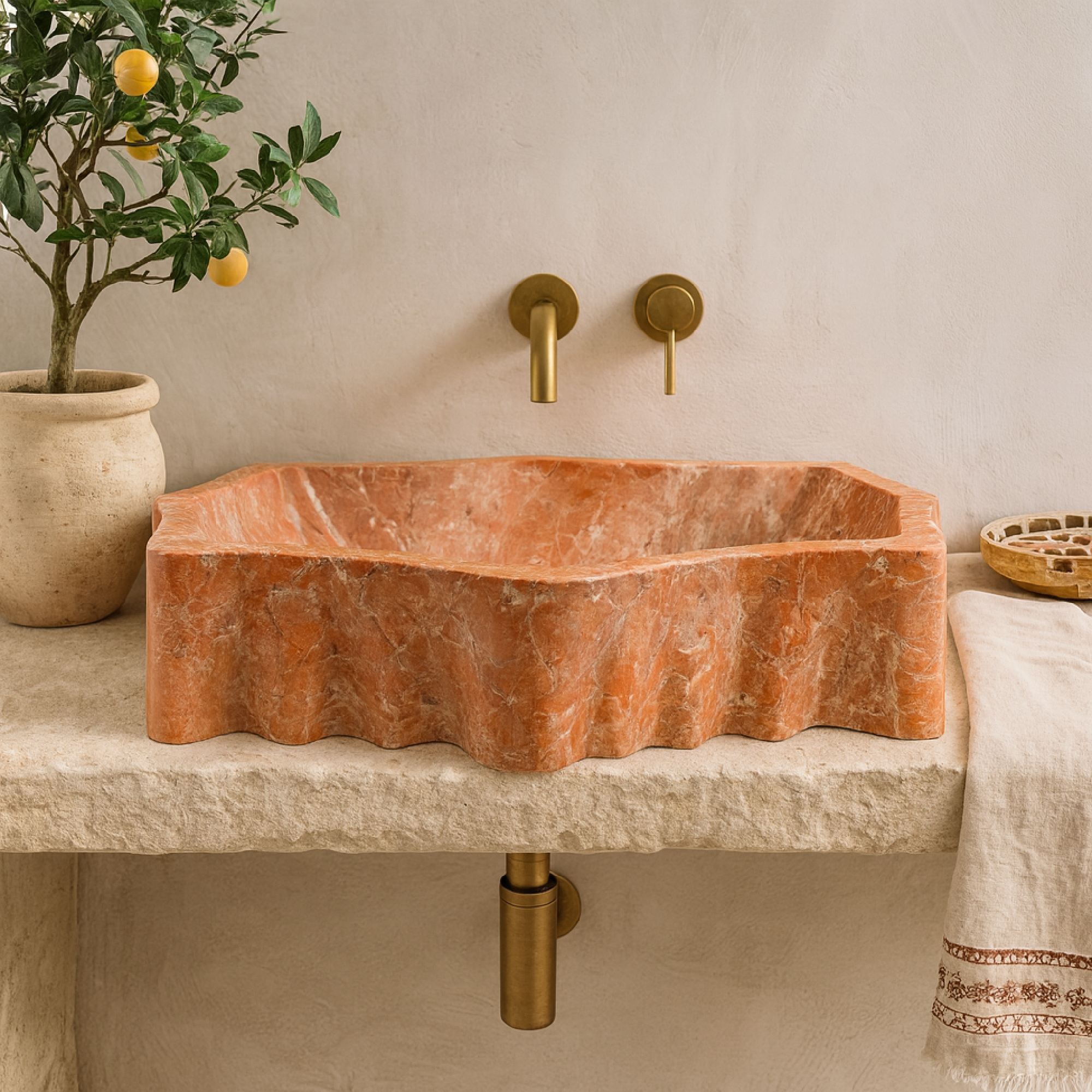 Rosso Verona Turuncu Mermer Lavabo – El Yapımı Doğal Taş Banyo Lavabosu, Lüks Tezgâh Üstü Mermer Lavabo (55×42×14 cm)