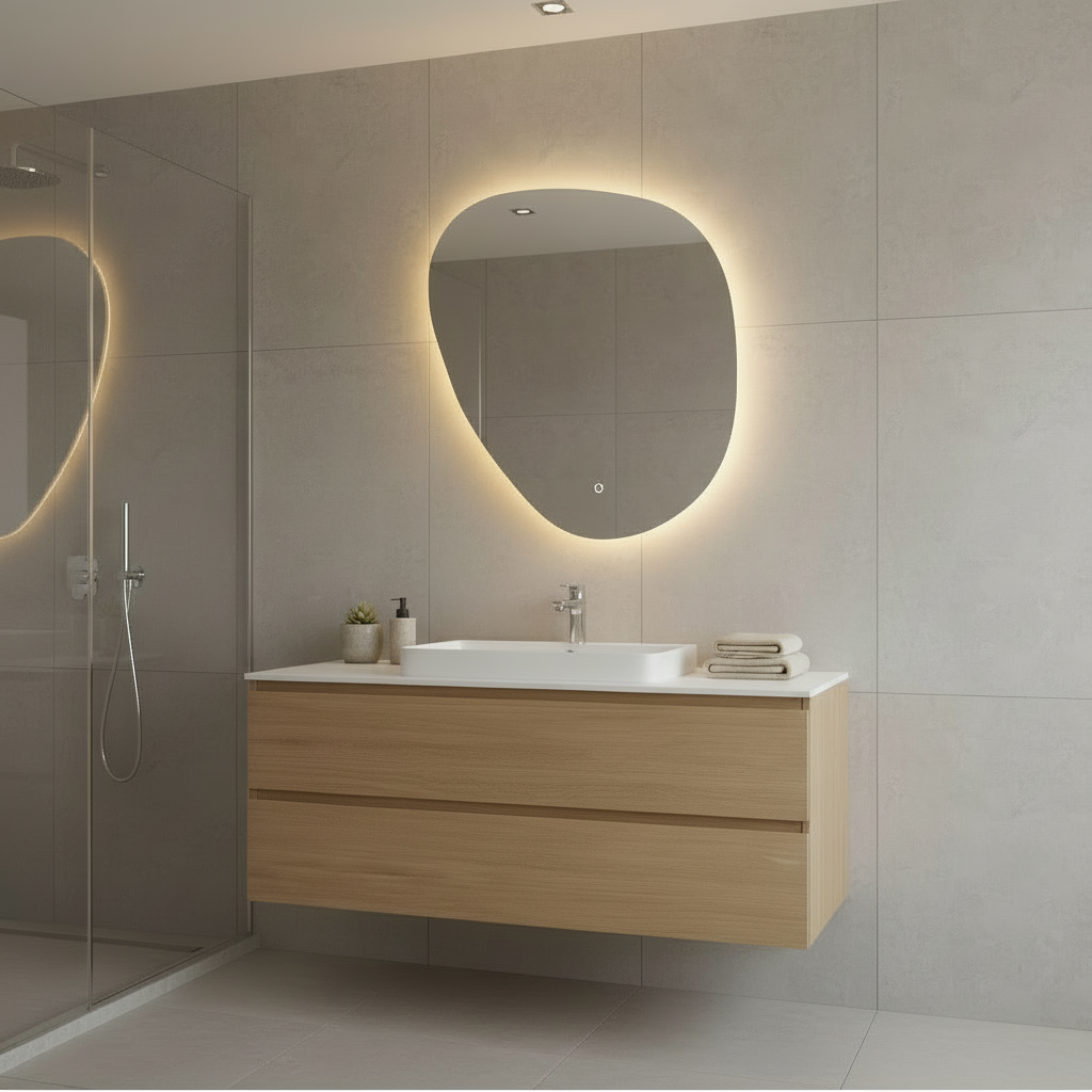 LED Wall Mirror – Irregular Organic Shape Lighted Mirror, Modern Boho Wall Decor with Backlit Glow