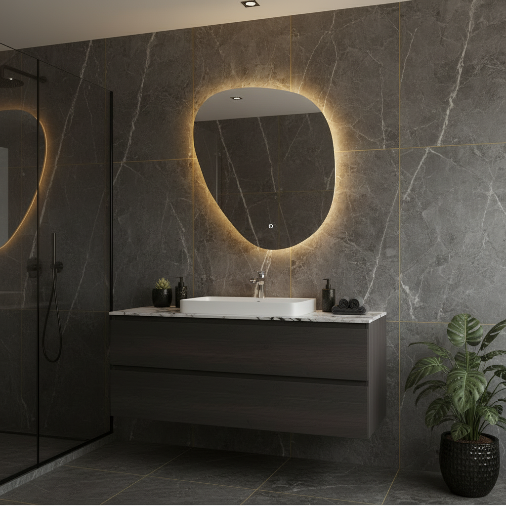 LED Wall Mirror – Irregular Organic Shape Lighted Mirror, Modern Boho Wall Decor with Backlit Glow