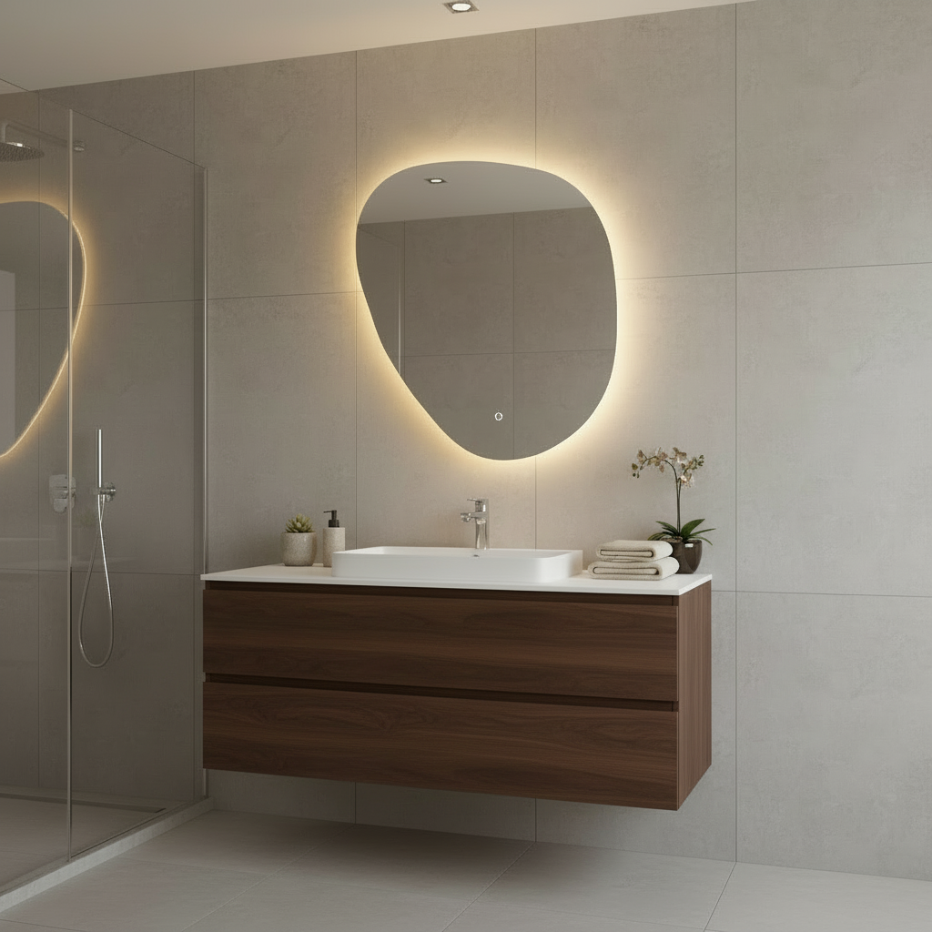 LED Wall Mirror – Irregular Organic Shape Lighted Mirror, Modern Boho Wall Decor with Backlit Glow