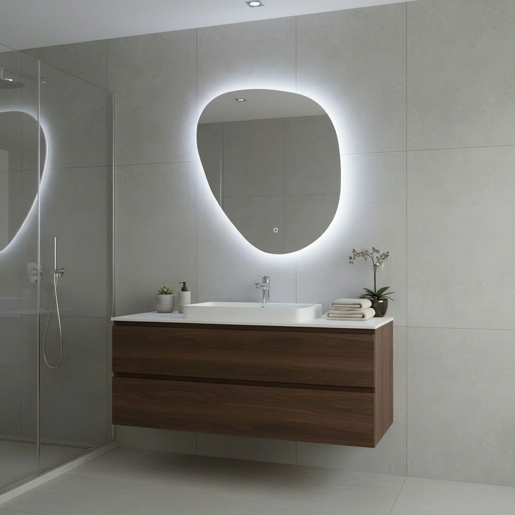 LED Wall Mirror – Irregular Organic Shape Lighted Mirror, Modern Boho Wall Decor with Backlit Glow