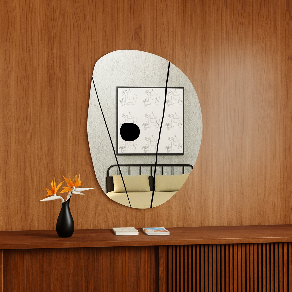 Modern Organik Form Dekoratif Duvar Aynası – Tasarım Asimetrik Banyo Aynası, Şık Minimalist Ayna Modeli