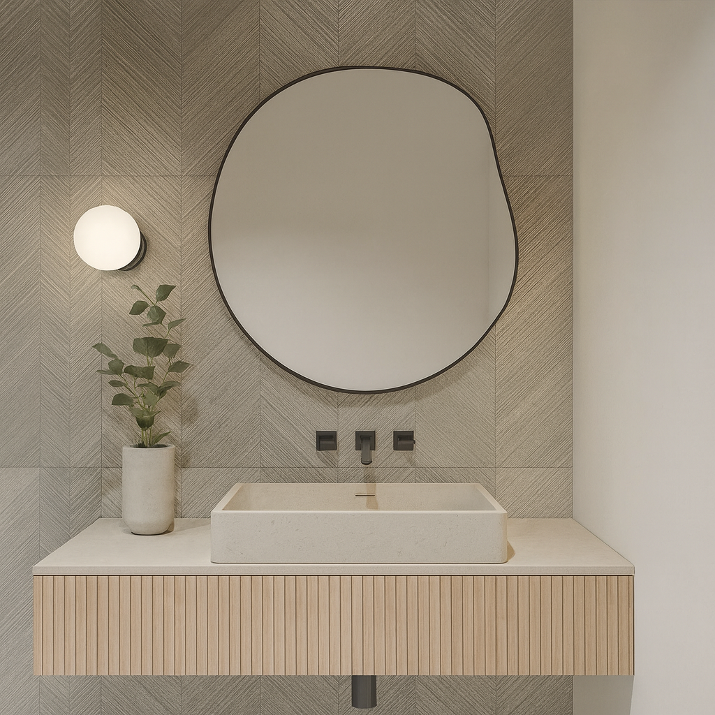 Modern Asimetrik Duvar Aynası – Organik Form Yuvarlak Banyo Aynası Çerçeveli | Dekoratif Minimal Ayna