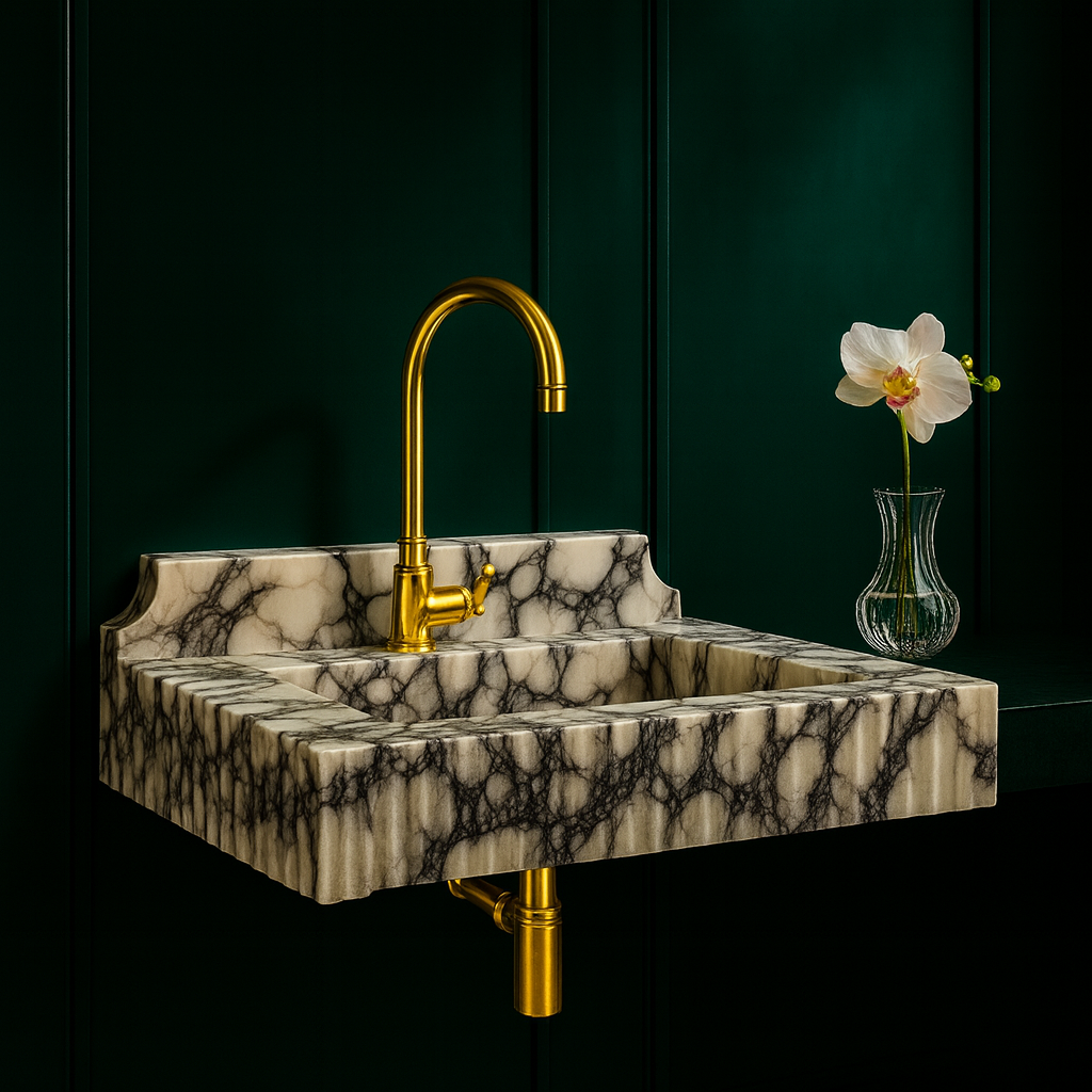 Calacatta Viola Mermer Çift Lavabolu Özel Tasarım Banyo Lavabosu – Fluted (Yivli) Blok Mermer Tezgâh Üstü Modeli – L90 × W50 × H30,5 cm