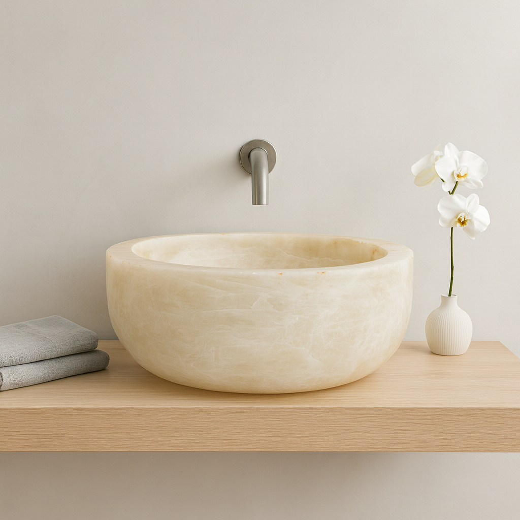 Oniks Mermer Yuvarlak Lavabo – Doğal Taş El Yapımı Oniks Banyo Lavabosu (40×40×15 cm)