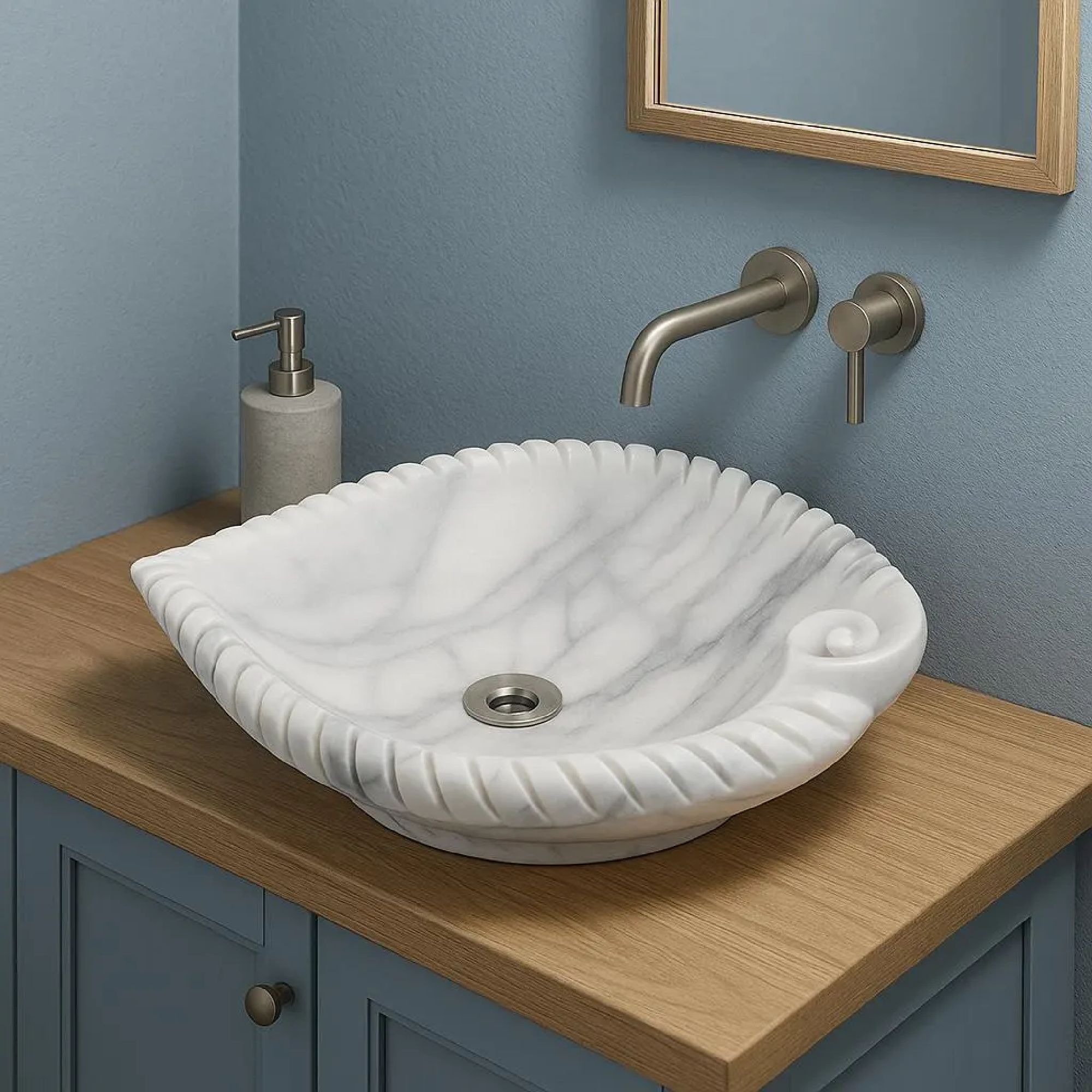 White Marble Lavabo – Doğal White Marble Tezgâh Üstü Banyo Lavabosu (L 45 × W 55 × H 14 cm)