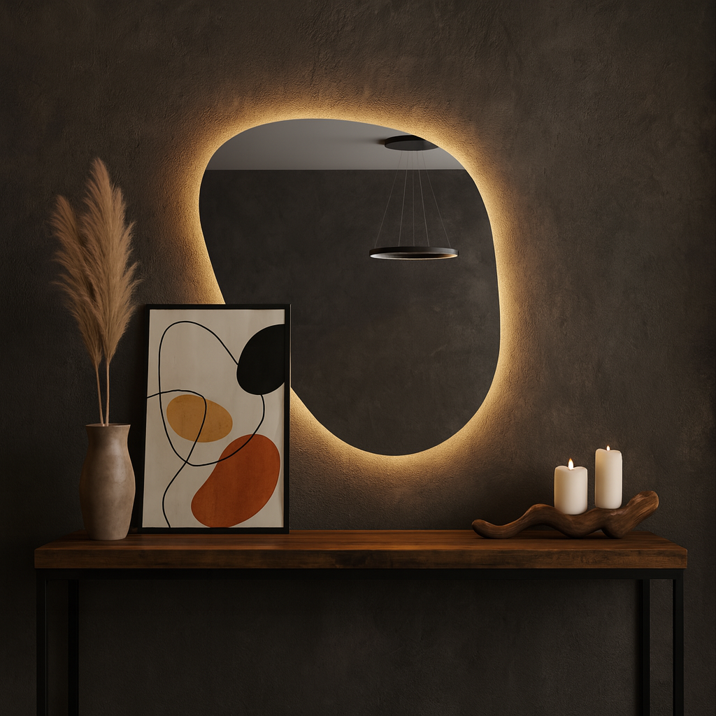 LED Wall Mirror – Irregular Organic Shape Lighted Mirror, Modern Boho Wall Decor with Backlit Glow