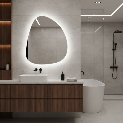 Modern Asimetrik LED Ayna – Organik Şekilli Dekoratif Banyo Aynası, Arka Işıklı Tasarım