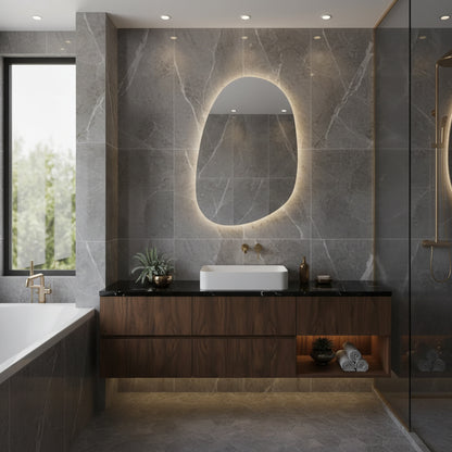 Modern Asimetrik LED Banyo Aynası – Organik Form Dekoratif Duvar Ayna Tasarımı