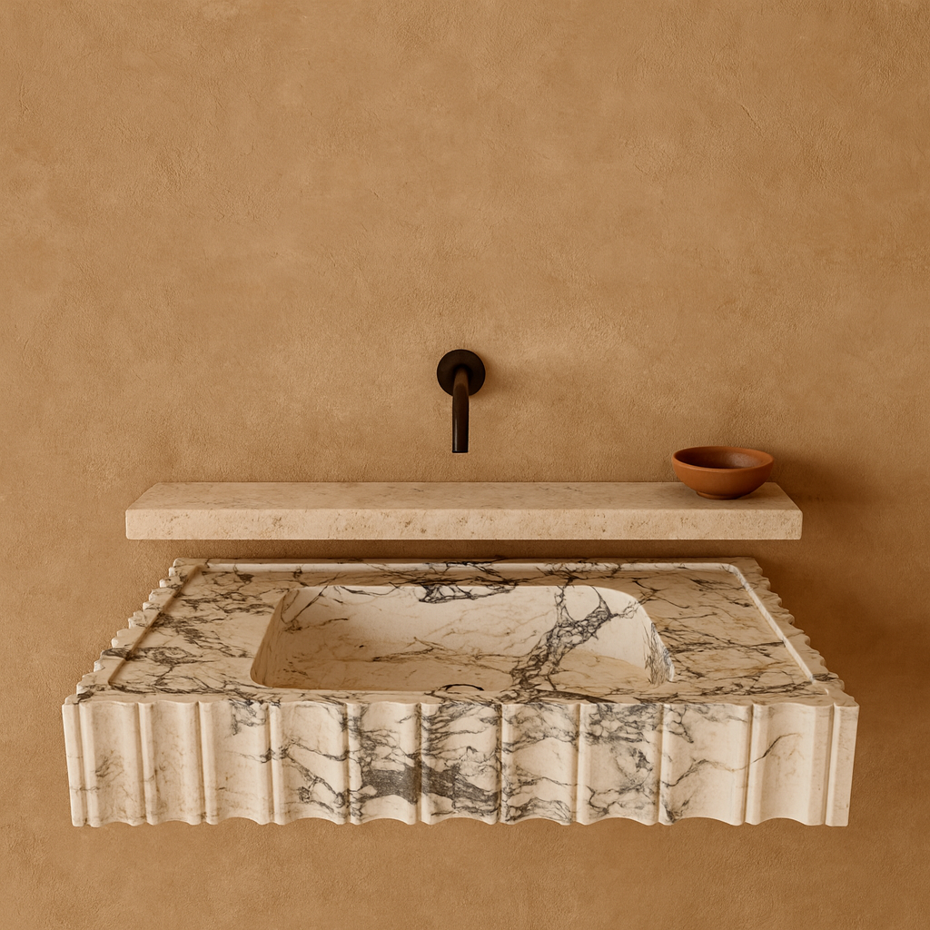 Calacatta Viola Mermer Duvara Monte Banyo Lavabosu – Flütlü Dikdörtgen Tasarım (L71 × W46 × H15 cm)
