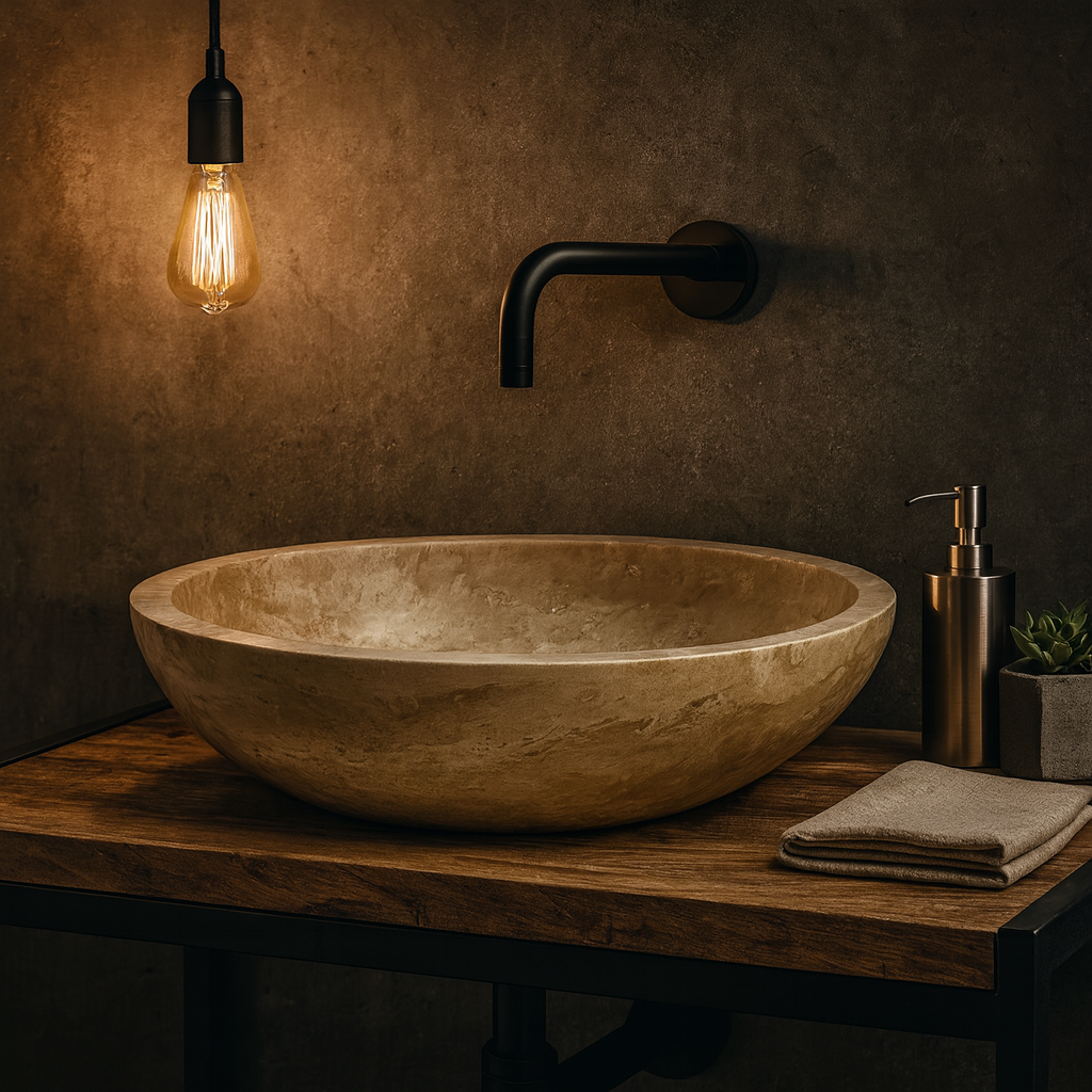 Light Travertine Mermer Lavabo – Doğal Traverten Taş Banyo Lavabosu | 40,5 × 40,5 × 10 cm
