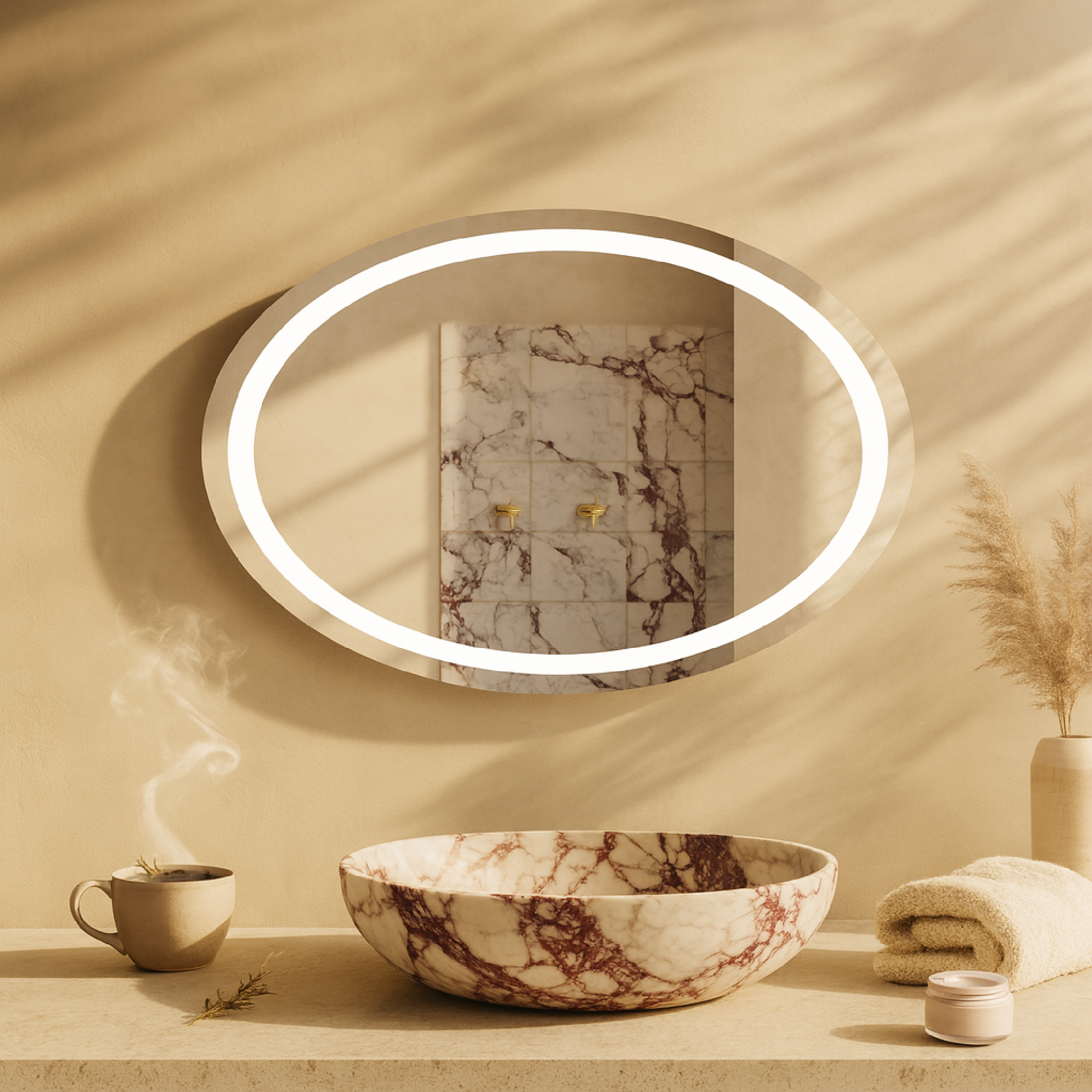 LED Işıklı Oval Ayna – Şık ve Minimalist Banyo Dekorasyon Aynası