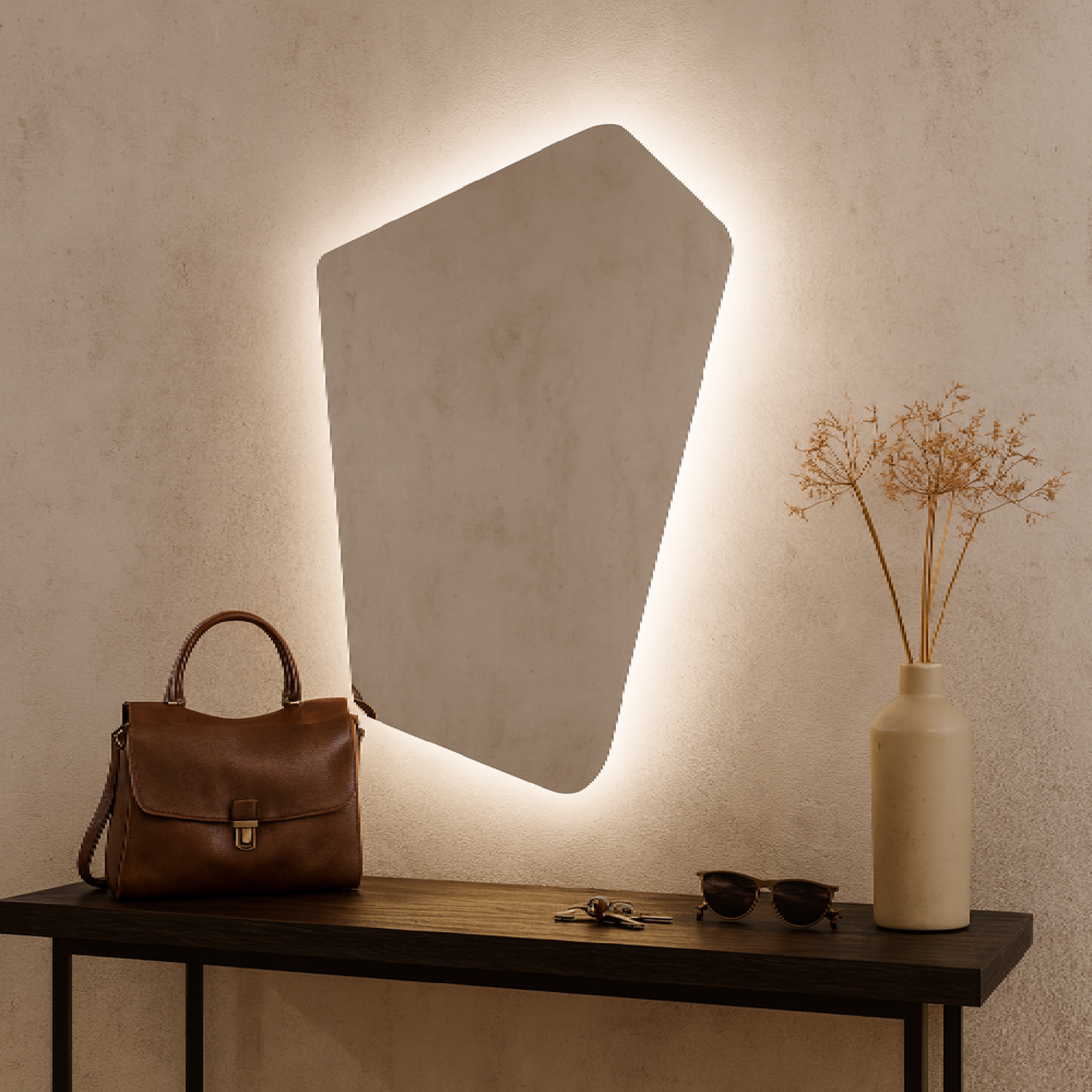Asimetrik LED Işıklı Ayna – Minimal ve Şık Düzensiz Form Banyo Duvar Aynası