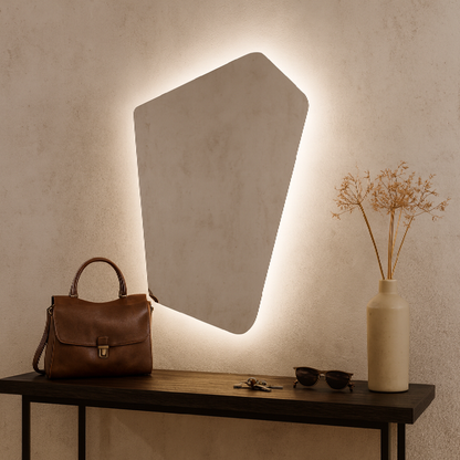 Asimetrik LED Işıklı Ayna – Minimal ve Şık Düzensiz Form Banyo Duvar Aynası