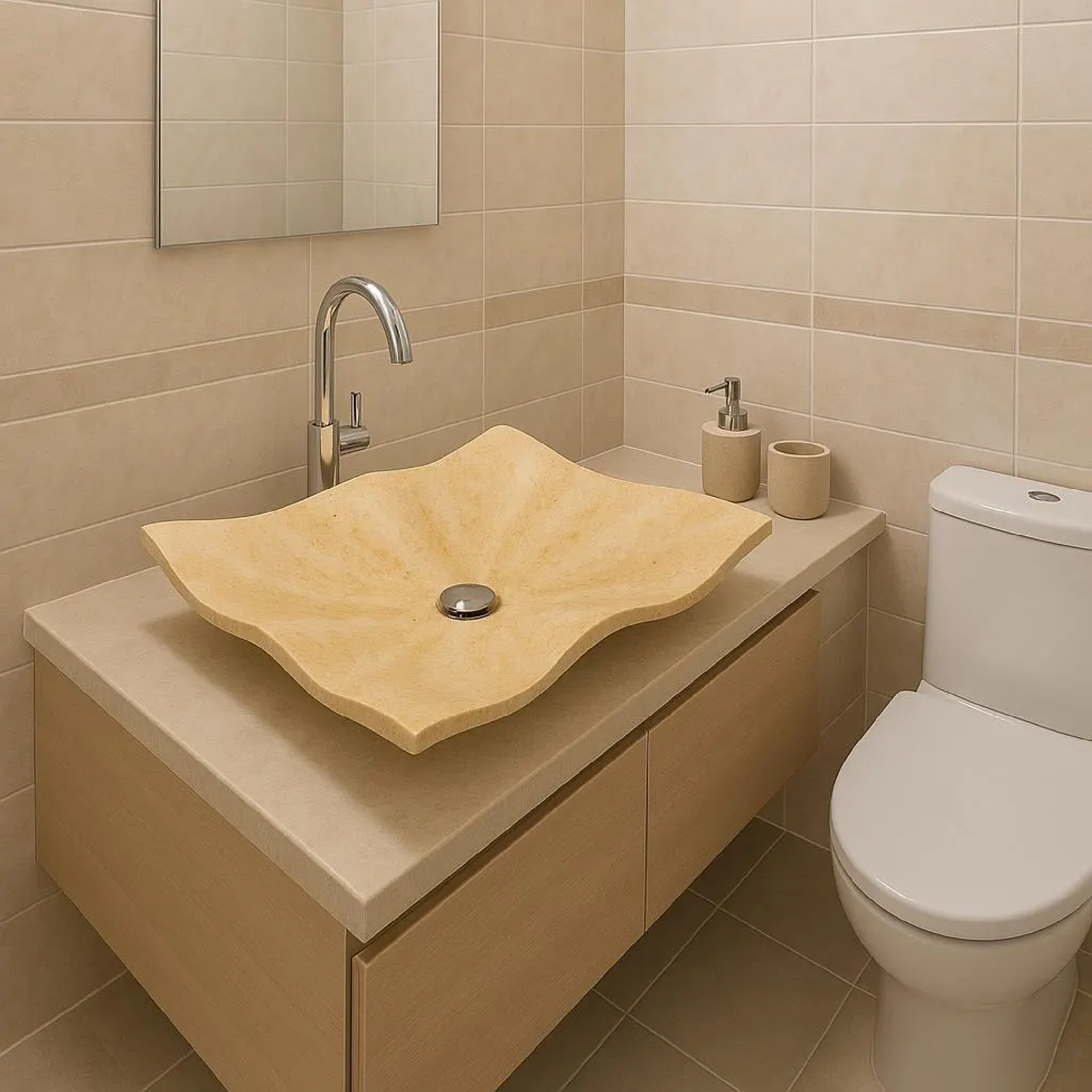 Limra Mermeri Doğaltaş Lavabo – El Oyması Dalga Formlu Mermer Banyo Lavabosu (60×45×13 cm)